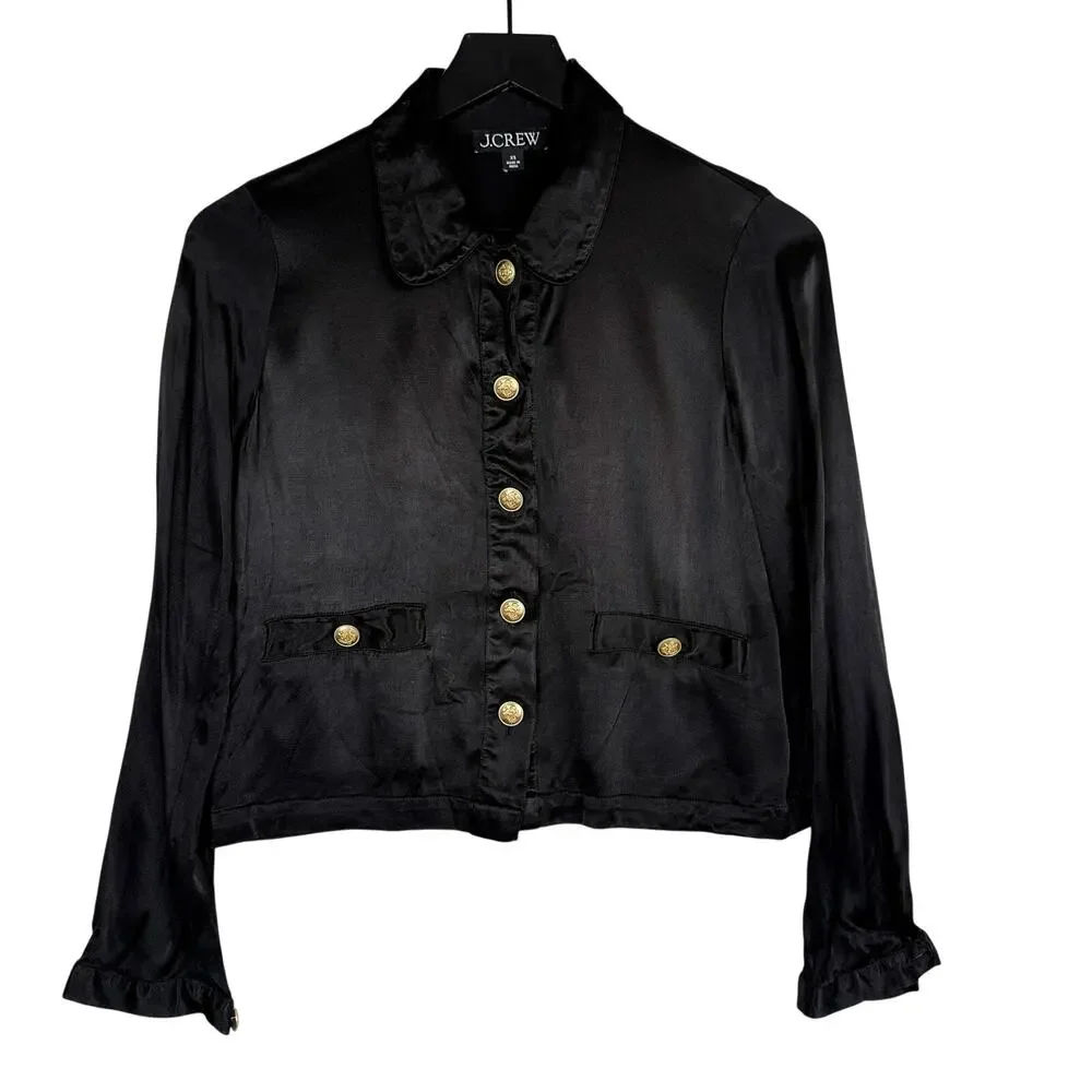 J.Crew Button Front Lady Shirt Jacket Satin Black Luster Crepe Gold Buttons - XS